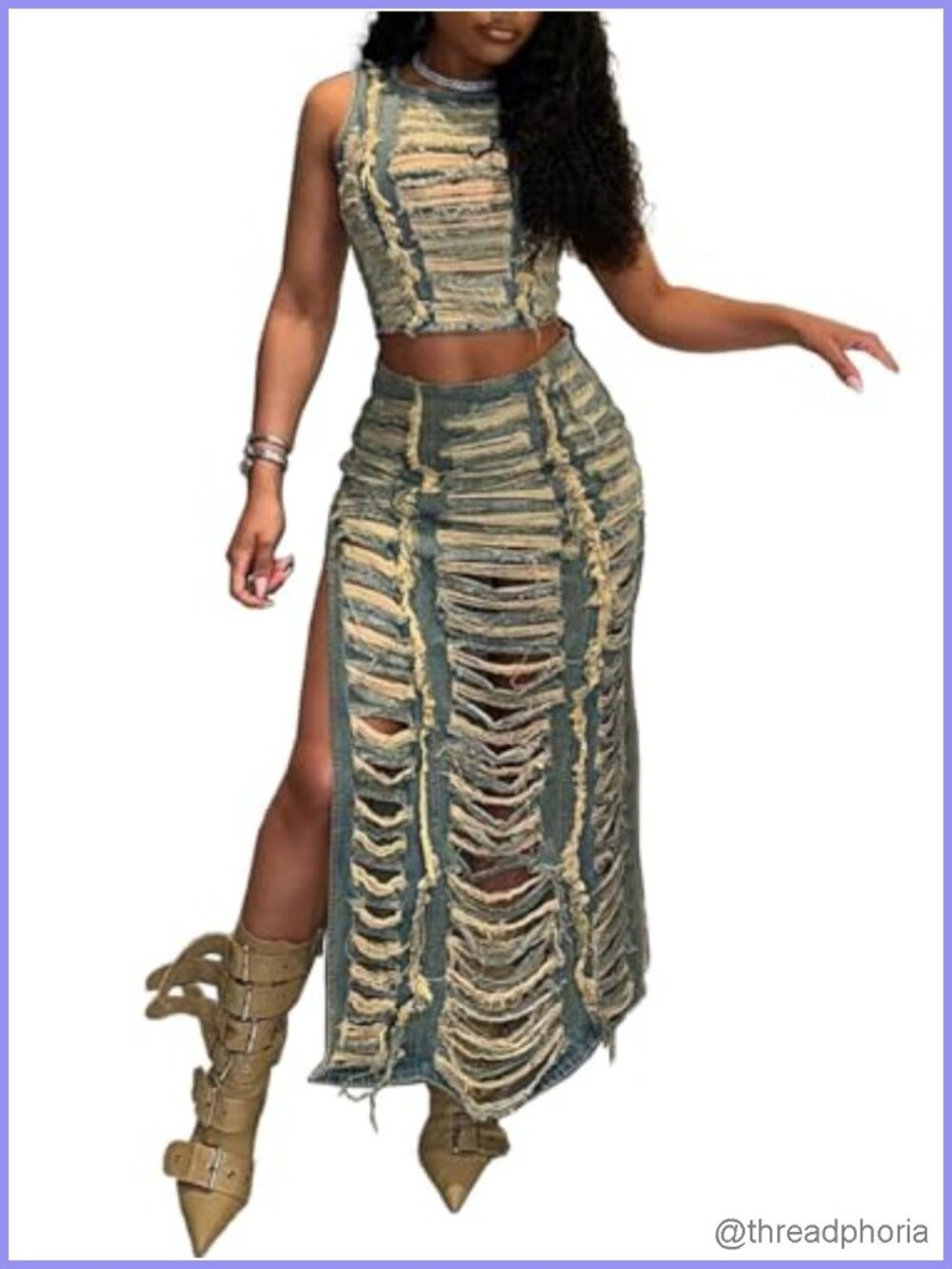Denim Ripped Crop Top and Split Maxi Skirt Set Sleeveless 2 Piece